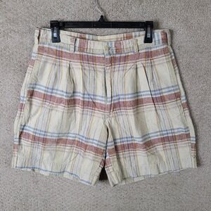 Vintage Adirondack by Savile Row Shorts Mens 33 Beige Red Blue Plaid Linen Blend